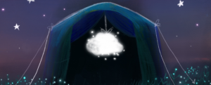 An illustration of a blue tent on a night sky, a small cloud can be seen inside the tent, and the sky is full of stars.